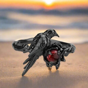 Red Crystal Witchy Black Raven Ring Gothic Crow Ring Witch Jewelry-MoonChildWorld