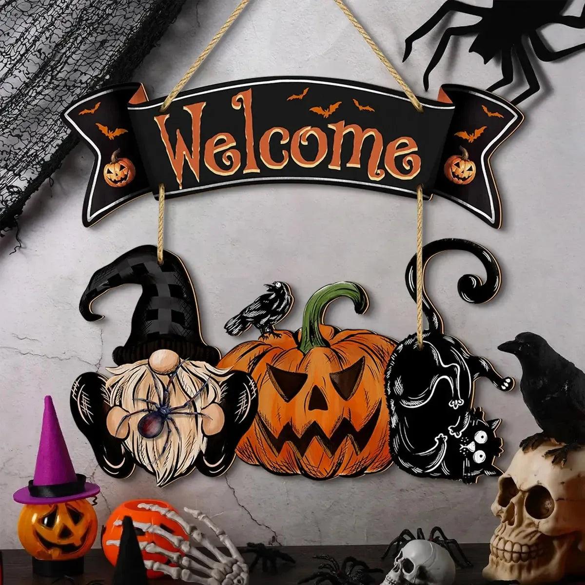 Halloween Hanging Decoration - Gnome Pumpkin Black Cat and Bat Welcome Sign - Witchy Wooden Sign for Gothic Home Decor-MoonChildWorld