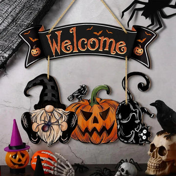 Halloween Hanging Decoration - Gnome Pumpkin Black Cat and Bat Welcome Sign - Witchy Wooden Sign for Gothic Home Decor-MoonChildWorld