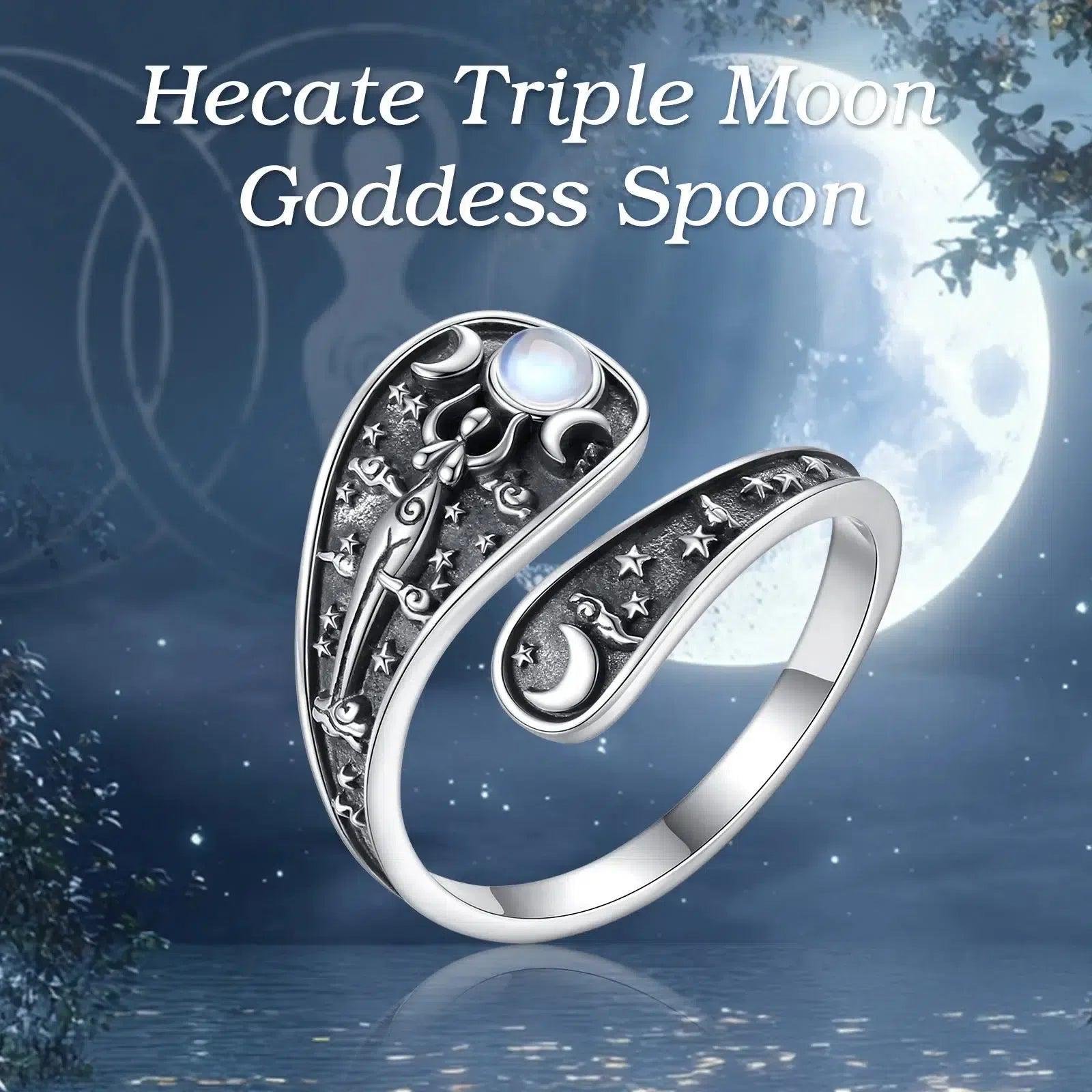 Silver Wicca Triple Moon Goddess Ring Moonstone Hecate Amulet Ring Pagan Jewelry-MoonChildWorld