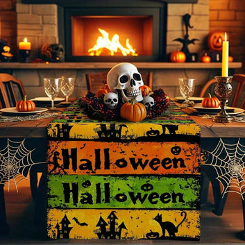 Gothic Halloween Themed Table Runner with Pumpkin, Bat and Haunted House Design