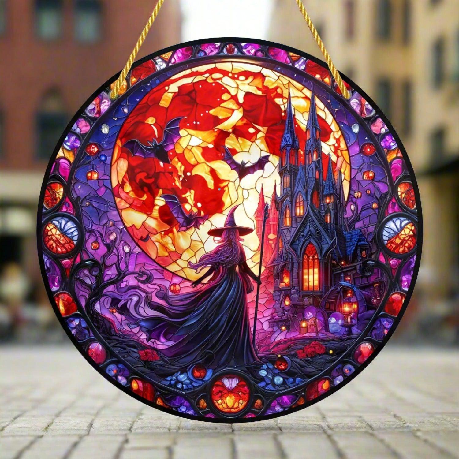 Blood Moon Bat Gothic Suncatcher Witch Acrylic Round Sign Halloween Decor-MoonChildWorld