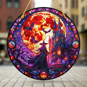 Blood Moon Bat Gothic Suncatcher Witch Acrylic Round Sign Halloween Decor