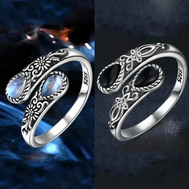 Black Onyx and Moonstone Ring Celtic Witch Ring Wicca Jewelry-MoonChildWorld