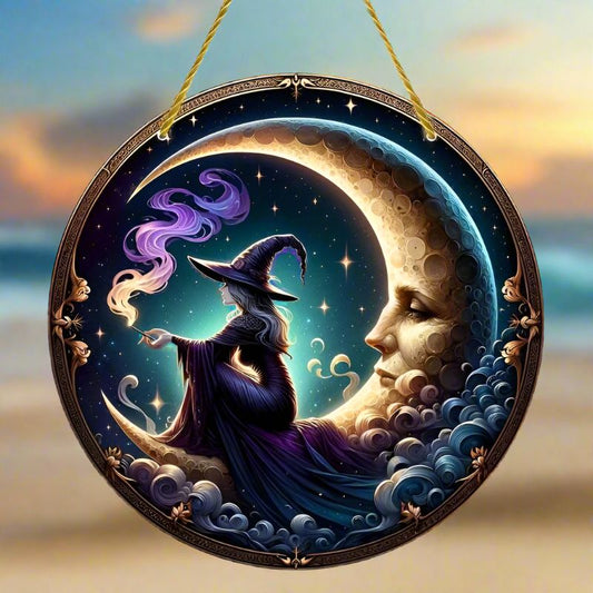 Magic Witch on the Moon Window Hanging Witch Acrylic Sign