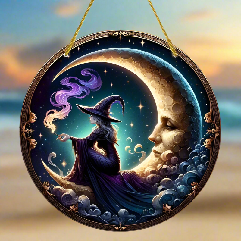 Magic Witch on the Moon Window Hanging Witch Acrylic Sign-MoonChildWorld