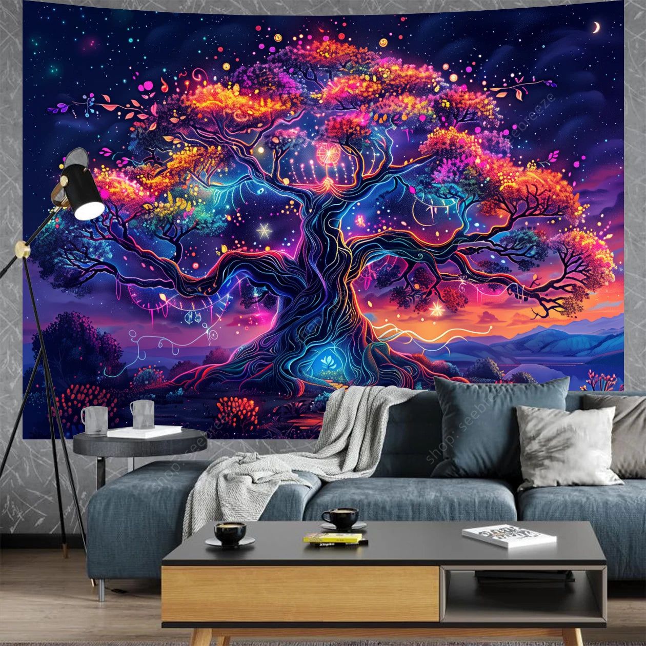 Tree of Life UV Reactive Tapestry Starry Night Tapestry Wall Hanging Pagan Wall Decor-MoonChildWorld