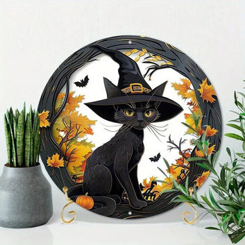 Witchy Black Cat Metal Sign Halloween Decor