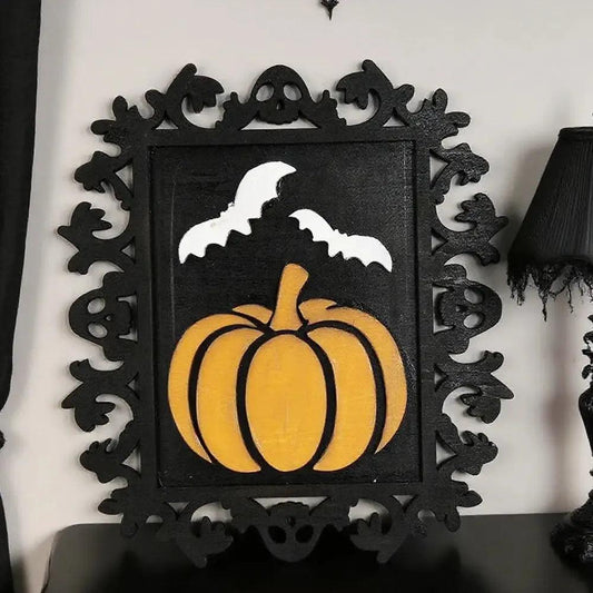 Halloween Pumpkin and Bat Decorative Hanging Retro Carved Frame Wall Decor