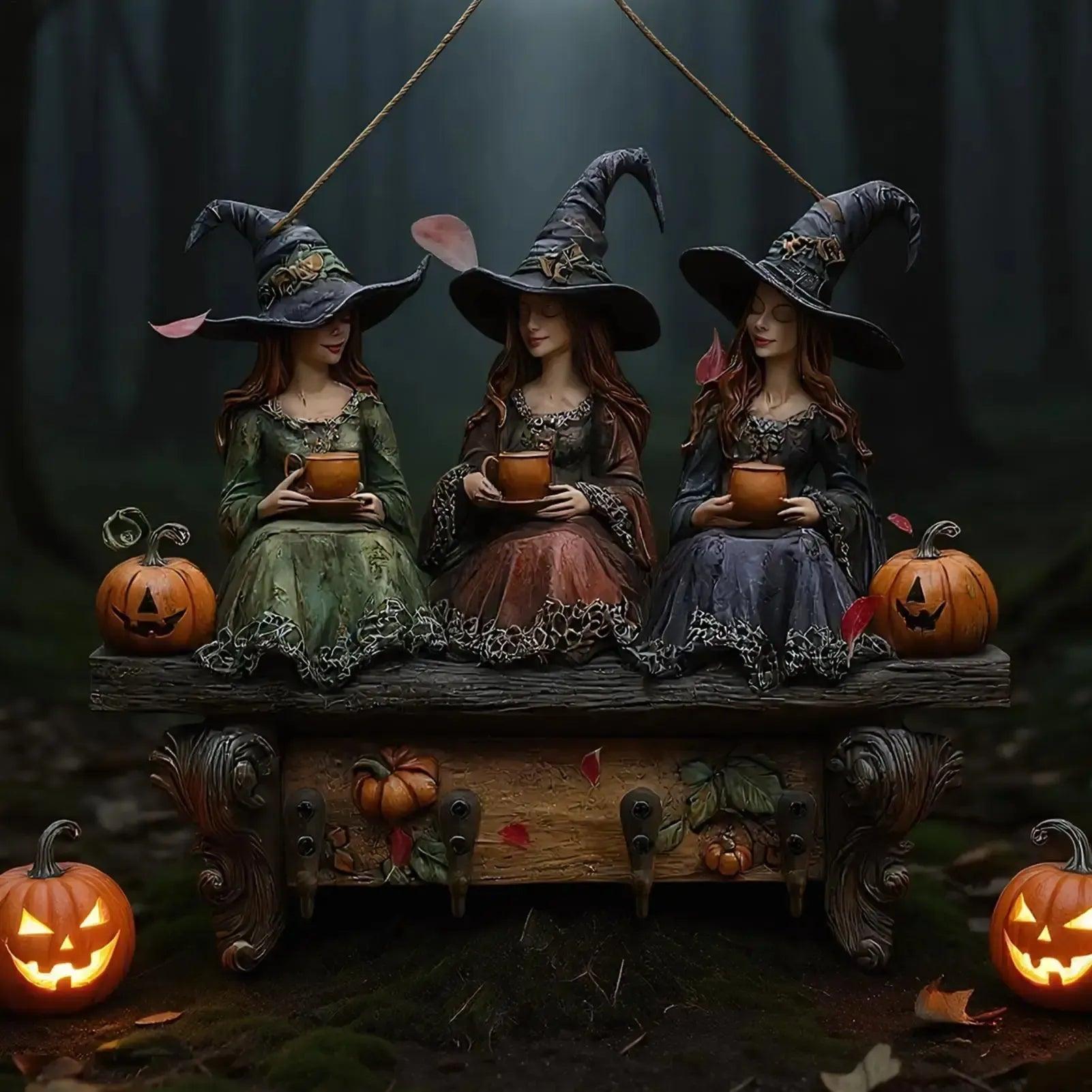 2D Halloween Witch Key Holder Wooden Keychain with Four Metal Hooks-MoonChildWorld