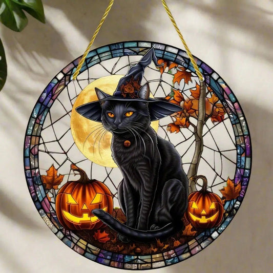 Halloween Suncatcher Magic Black Cat Acrylic Round Sign