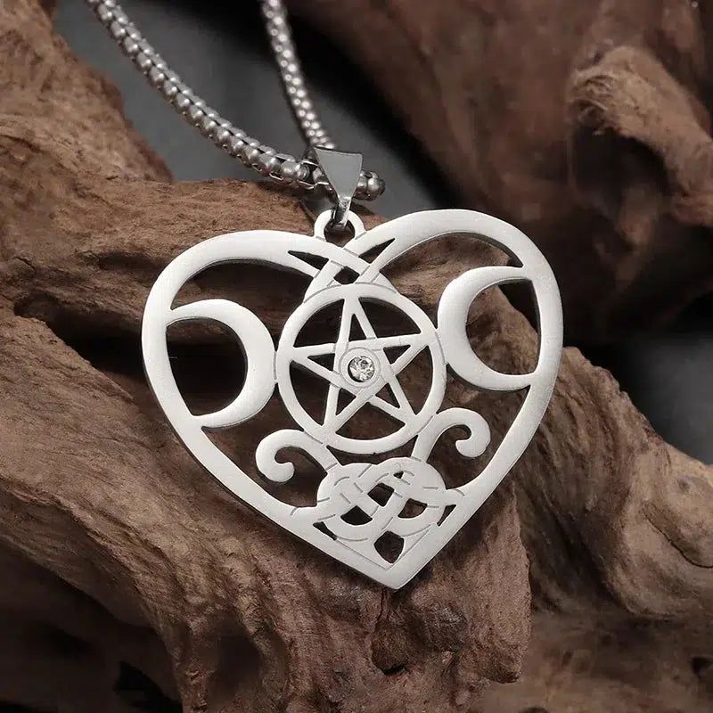 Witchcraft Heart Pentacle Triple moon Necklace Wiccan Jewelry-MoonChildWorld