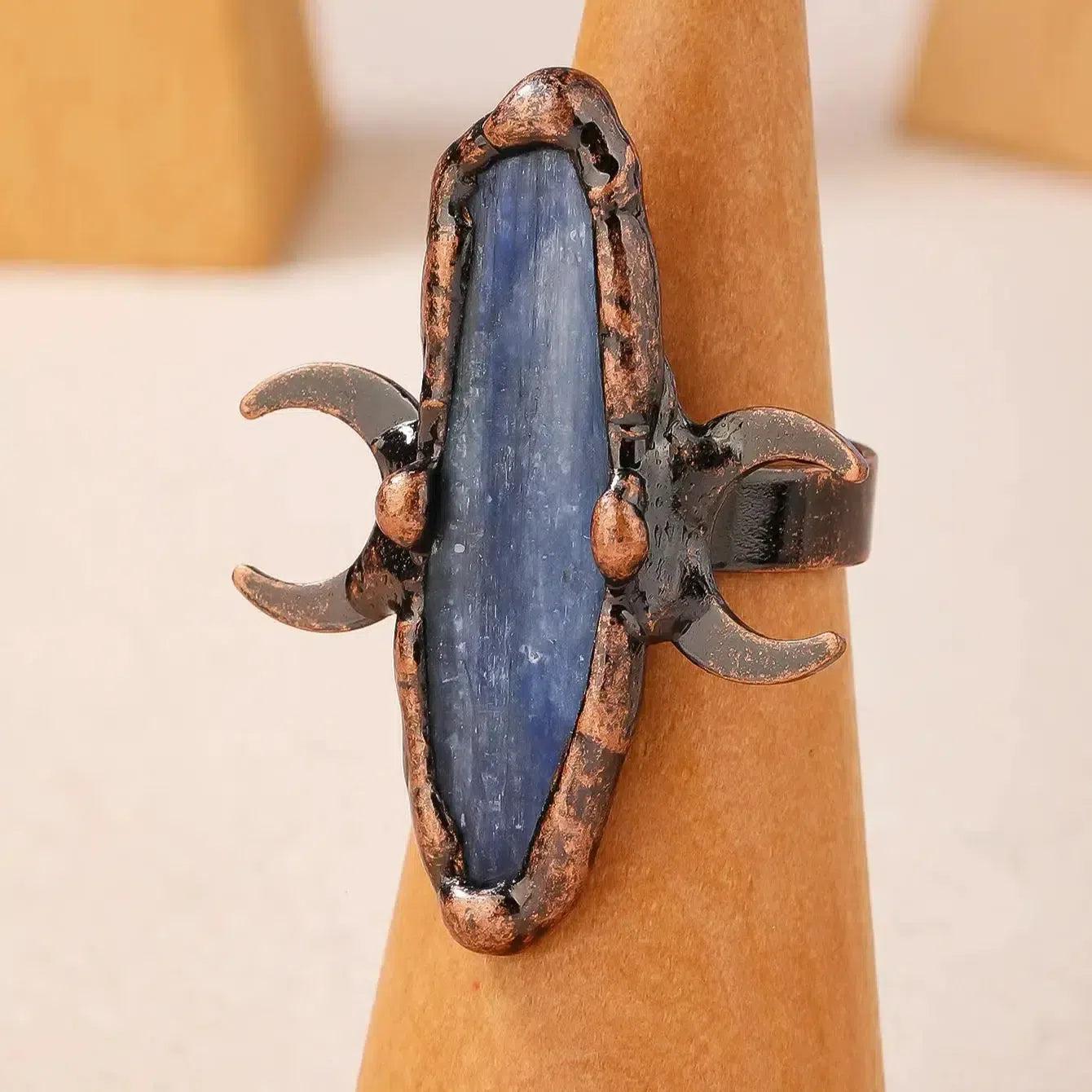 Healing Blue Kyanite Natural Stone Ring Wiccan Triple Moon Ring Pagan Jewelry-MoonChildWorld