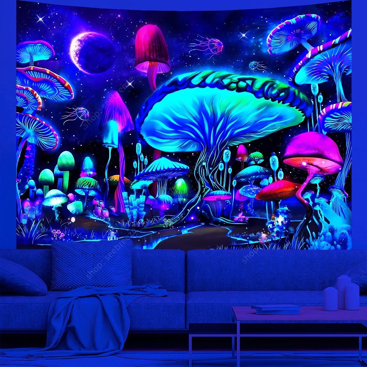 Psychedelic Mushroom UV Reactive Tapestry Aesthetic Tapestry Wall Hanging Hippie Decor-MoonChildWorld