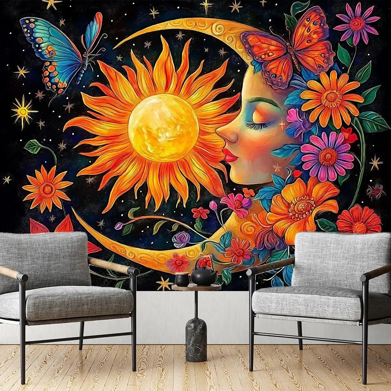 Vibrant Sun Moon Goddess Floral Cosmic Tapestry Bohemian Home Decor Spiritual Meditation Wall Art-MoonChildWorld