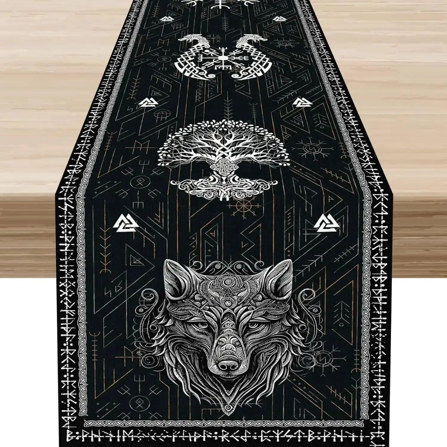 Norse Runes Viking Raven Wolf Linen Table Runner - Mythology Tree of Life Pagan Table Runners-MoonChildWorld