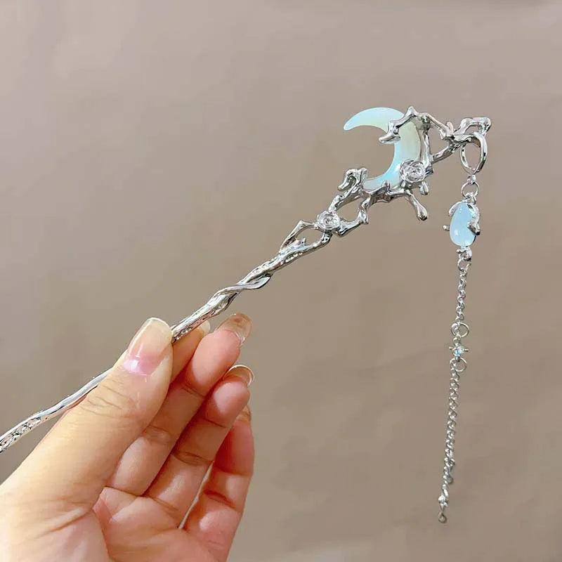 Black Crystal Moon Tassel Hair Stick Gothic Moon Hair Stick Witchy Hair Accessories-MoonChildWorld