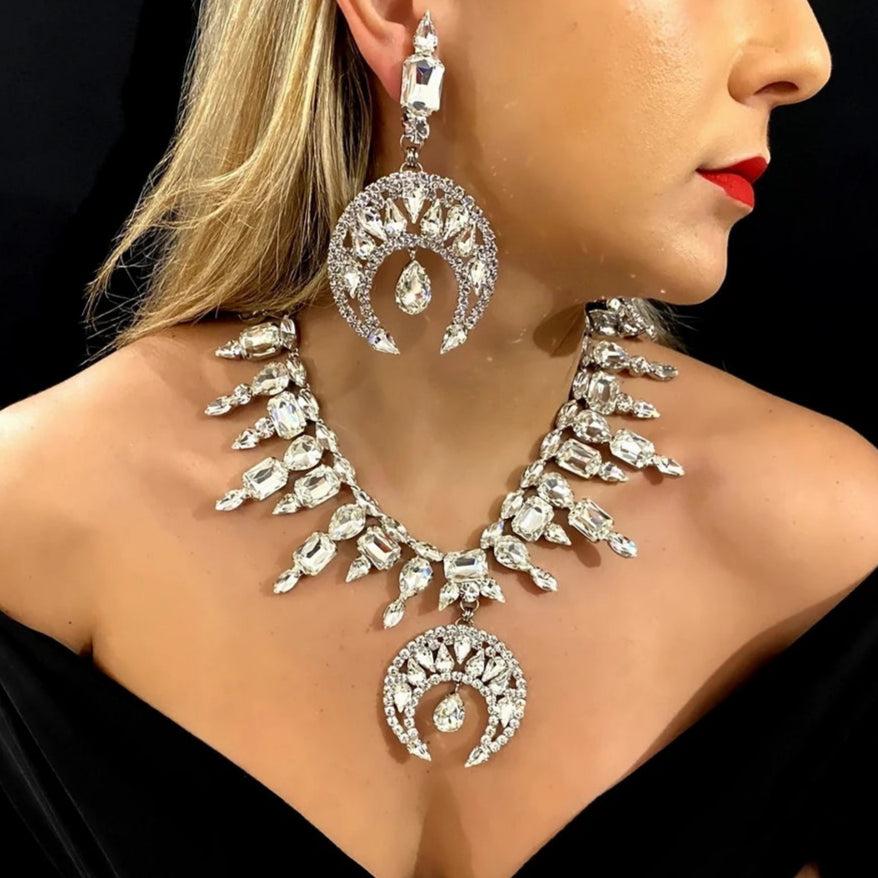Crystal Moon Necklace Earrings Sets-MoonChildWorld