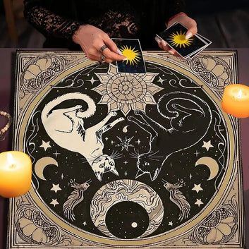 Mystical Moon Cats Altar Cloth With Floral Starry Sky Divination Tarot Table Cloth Witch Home Decor