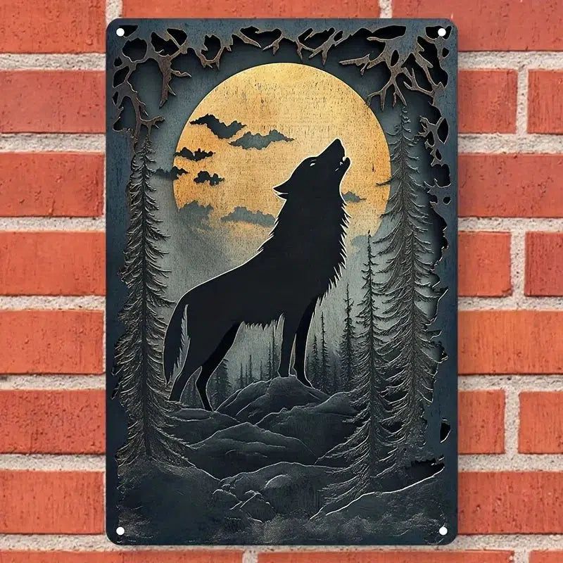 Classic Wolf Howling At Moon Wall Art Black Wolf Metal Sign-MoonChildWorld