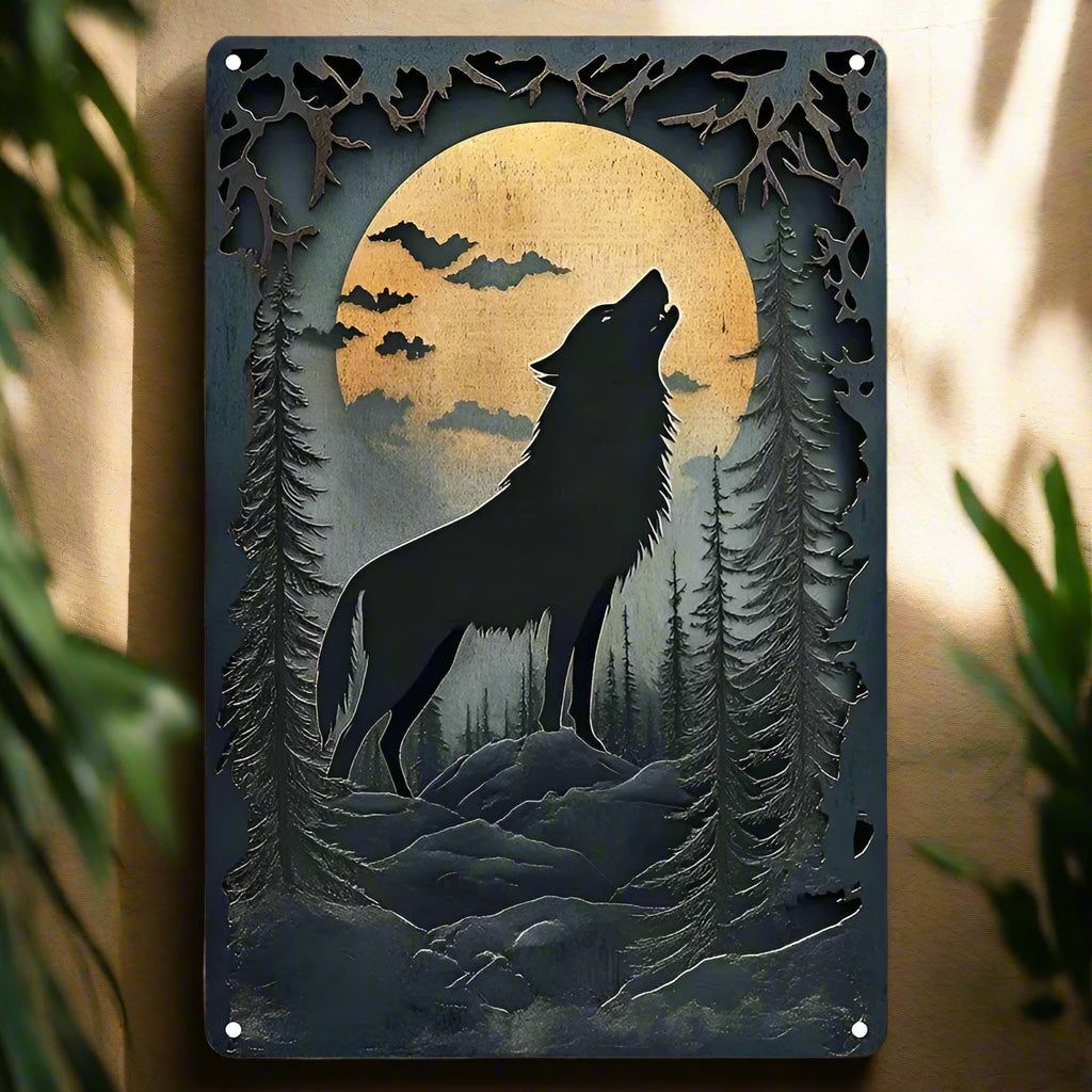 Classic Wolf Howling At Moon Wall Art Black Wolf Metal Sign-MoonChildWorld