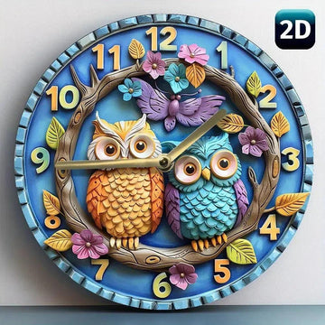 Wooden wall clock with cute owls and floral - Owl home decor-MoonChildWorld