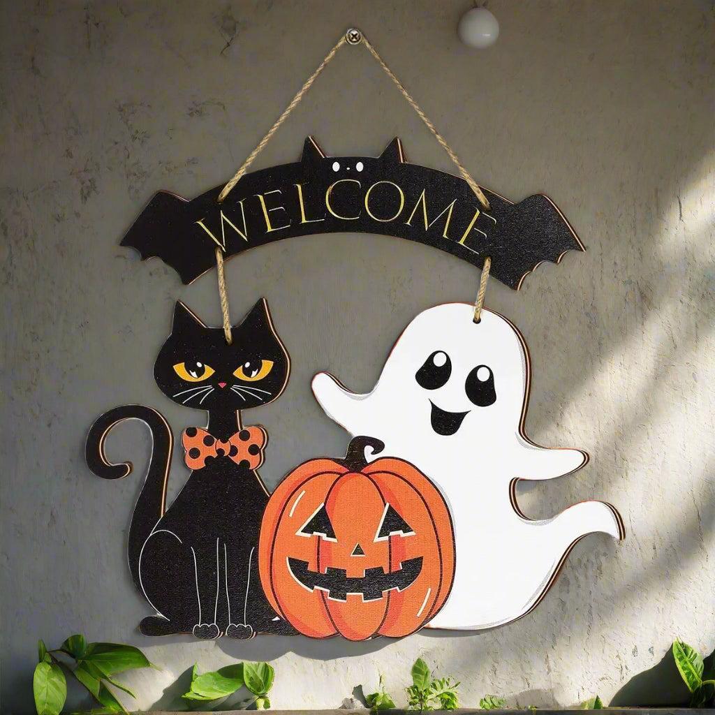 Halloween Hanging Decoration - Ghost, Pumpkin, Black Cat Welcome Sign - Witchy Wooden Sign for Gothic Home Decor-MoonChildWorld