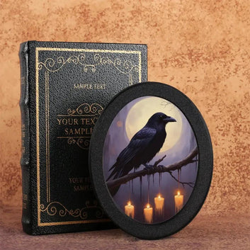 Moonlit Dark Crow Wall Art - Witchy Raven Gothic Wooden Oval Frame Halloween Wall Decor