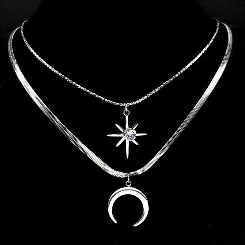 Witchcraft Crescent Moon Rhinestone Star Double-layer Choker Necklace-MoonChildWorld