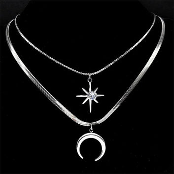 Witchcraft Crescent Moon Rhinestone Star Double-layer Choker Necklace