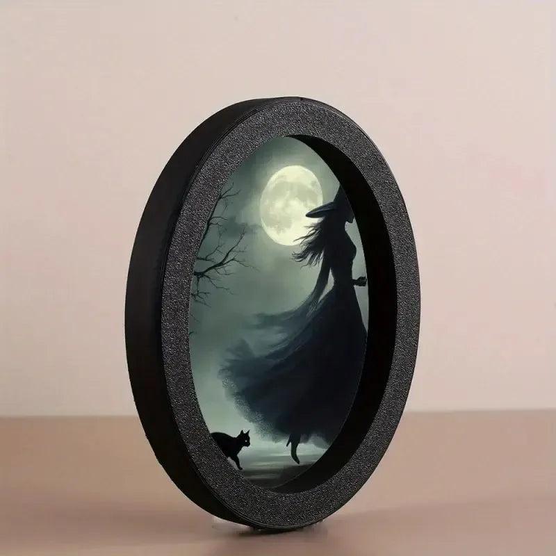 Moonlit Witch Wooden Oval Frame - Gothic Oval Wall Art - Dark Halloween Wall Decoration-MoonChildWorld