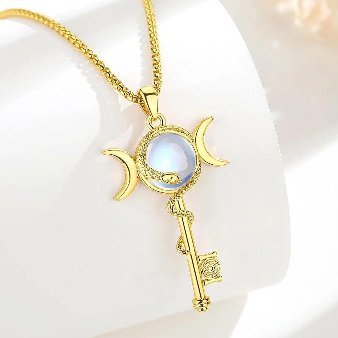 Hecate Triple Moon Goddess Necklace Moonstone Snake Key Wicca Pagan Jewelry-MoonChildWorld