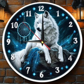 Boho White wolf and dreamcatcher Wooden Wall Clock for Wolf Home Decor-MoonChildWorld