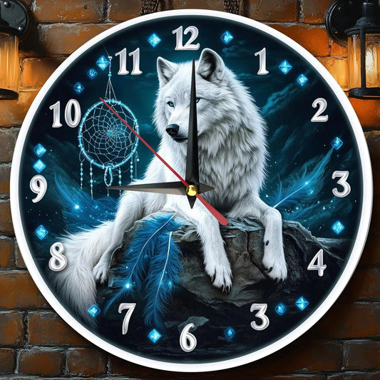 Boho White wolf and dreamcatcher Wooden Wall Clock for Wolf Home Decor