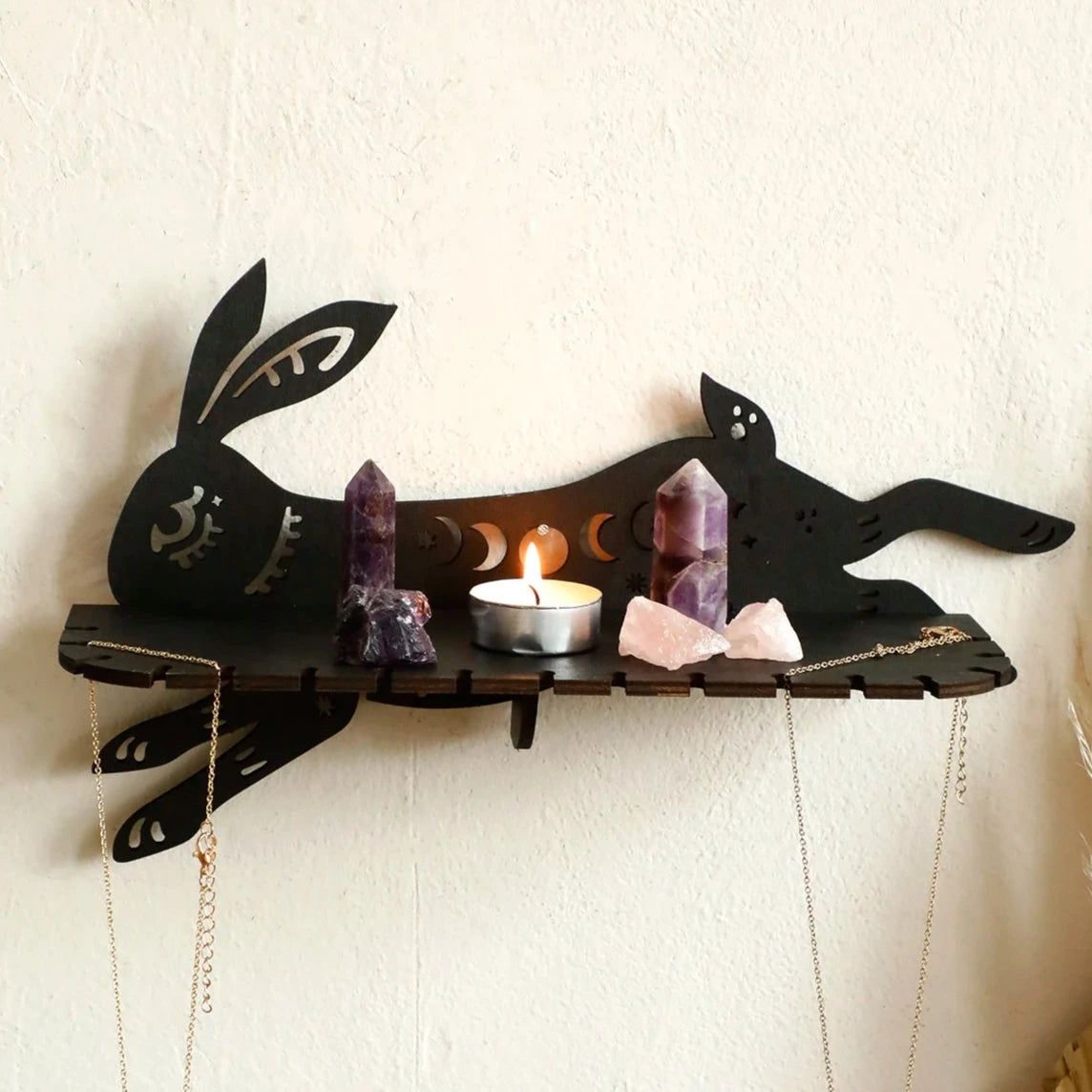 Rabbit Wooden Wall Shelf Gothic Crystal Display Shelf Witchy Room Decoration-MoonChildWorld