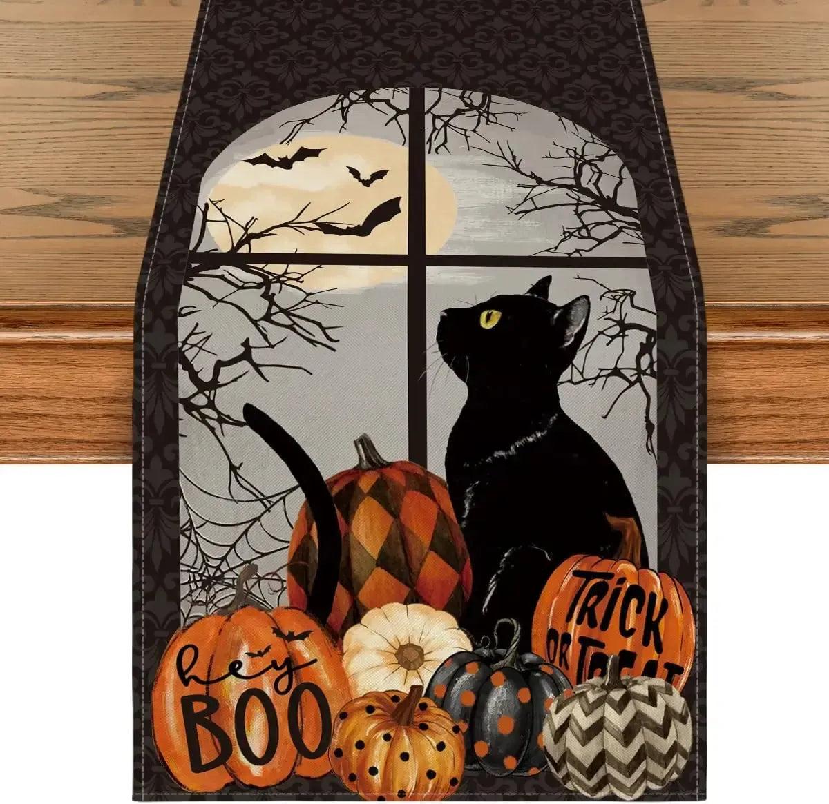 Gothic Black Cat Pumpkins Halloween Linen Table Runners - Trick or Treat Spooky Table Decor for Halloween-MoonChildWorld