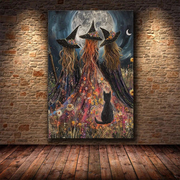 Halloween Full Moon Dark Witch in Wildflowers Mystical Witch Poster Wall Art