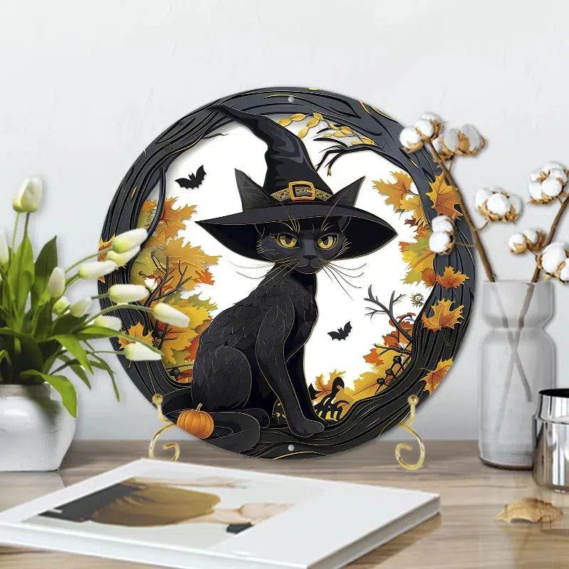 Witchy Black Cat Metal Sign Halloween Decor-MoonChildWorld