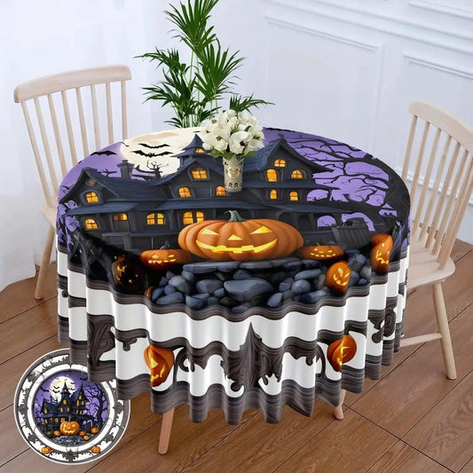 Pumpkin and Gothic Castle Spooky Tablecloth for Witchy Halloween Home Decor