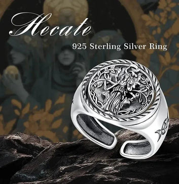 925 Sterling Silver Triple Moon Goddess Adjustable Ring Hecate Rotatable Amulet Ring Wiccan Pagan Jewelry