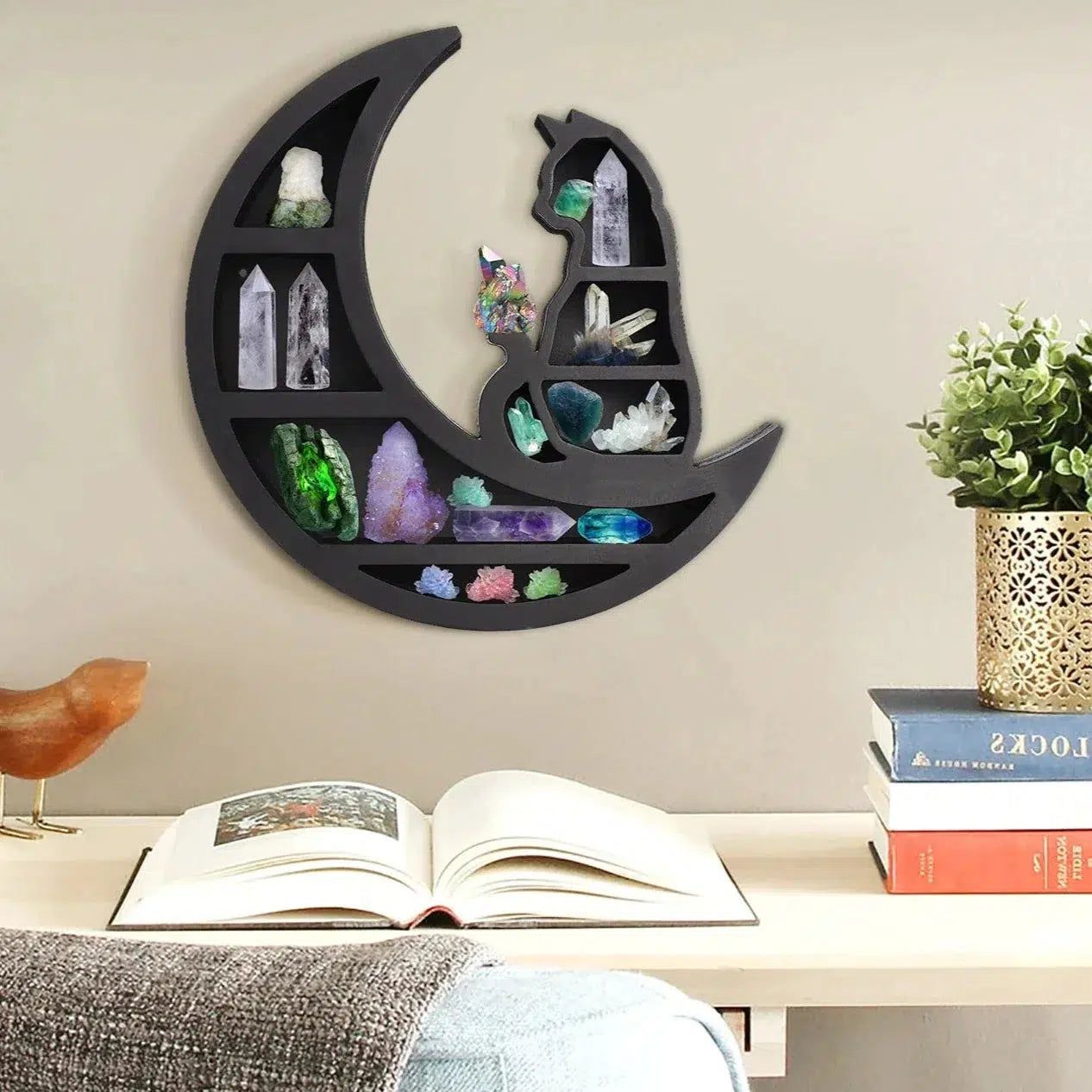 Black Cat Crystal Shelf Witchy Wooden Shelf-MoonChildWorld