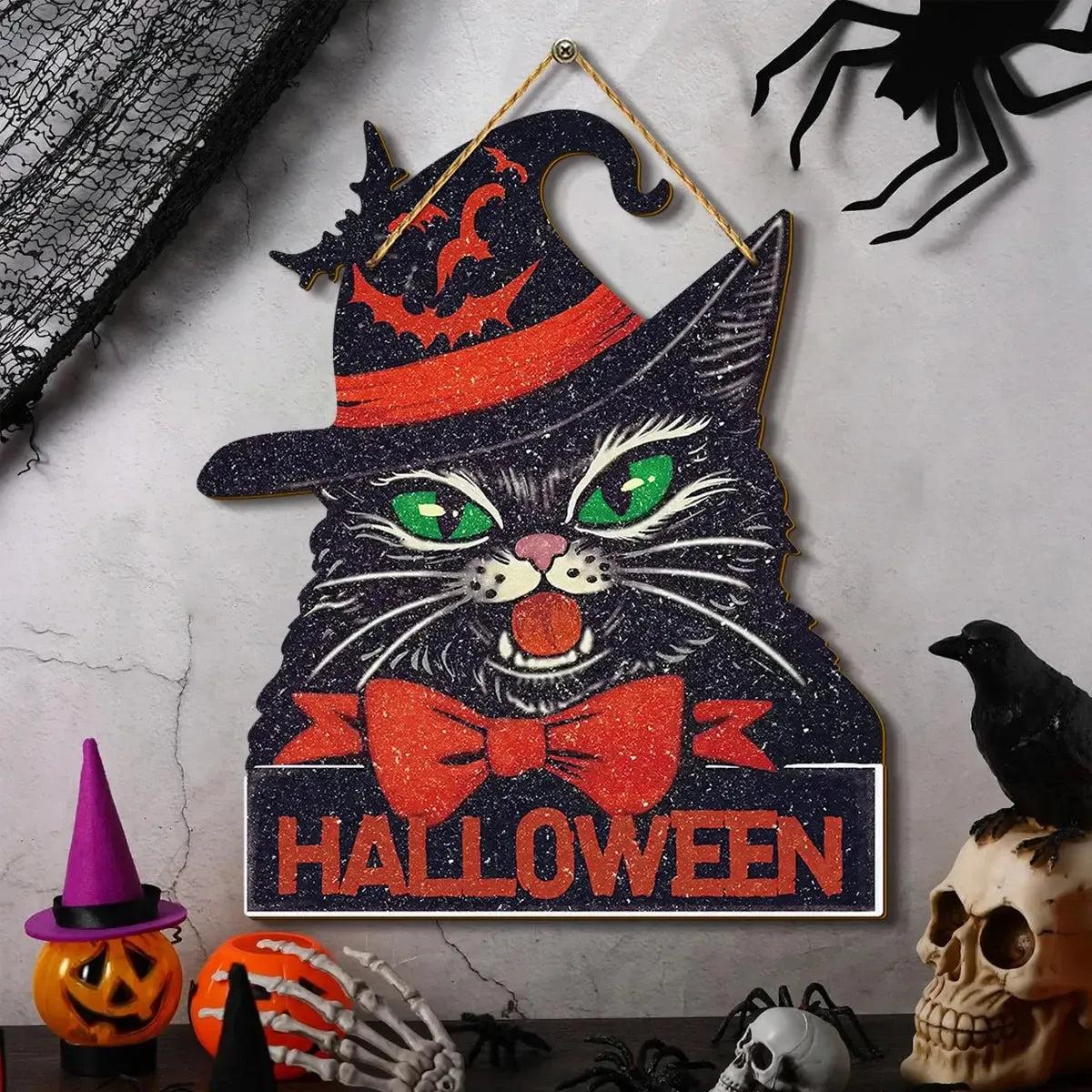 Halloween Hanging Decoration - Black Cat Witchy Welcome Sign - Halloween Wooden Sign for Witch Home Decor-MoonChildWorld