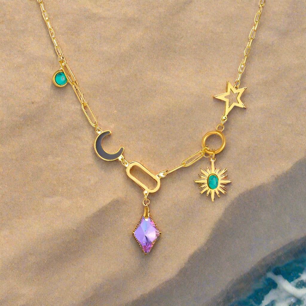 Amethyst Turquoise Celestial Sun Moon Stars Necklace Wiccan Jewelry-MoonChildWorld