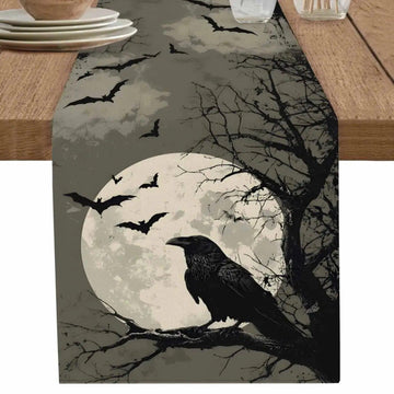 Full Moon and Gothic Crow Table Runner for Halloween Table Decor - Witchy Raven Table Runner-MoonChildWorld