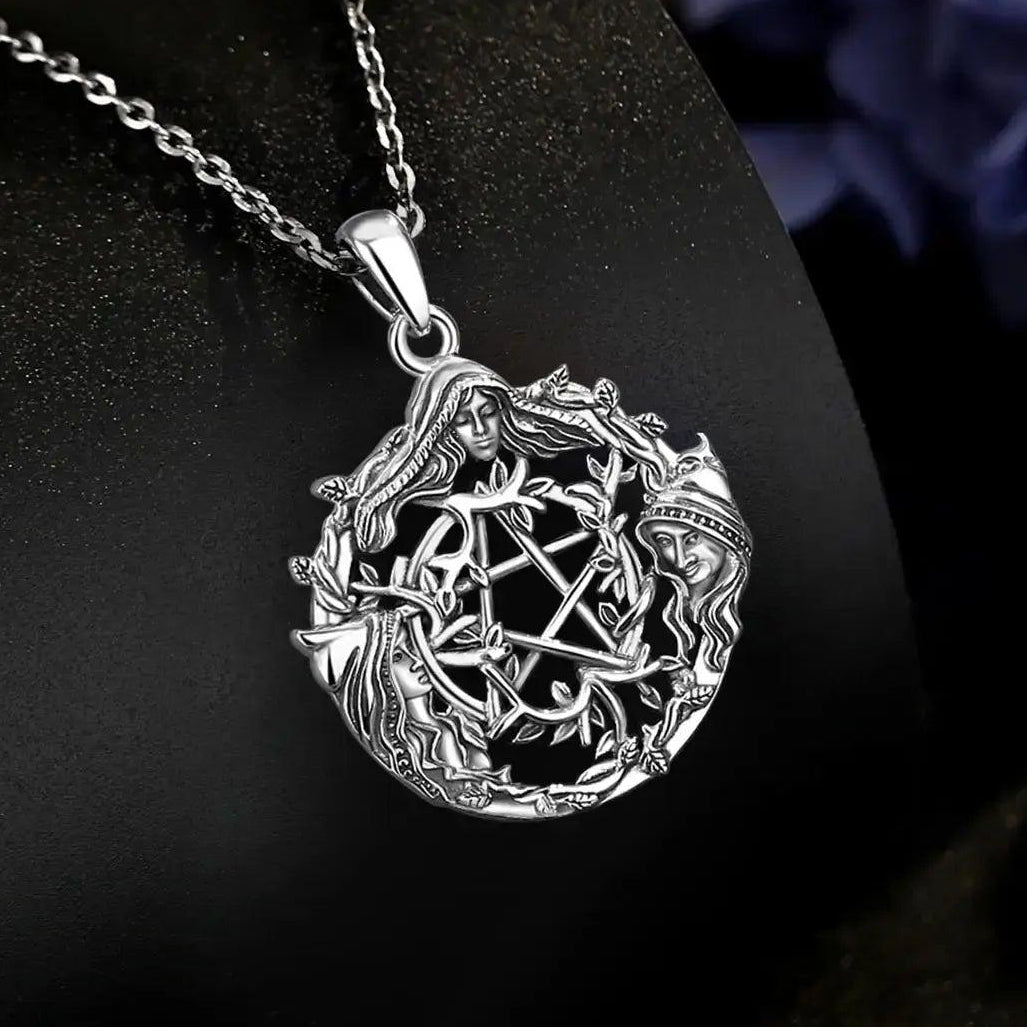 925 Sterling Silver Triple Moon Goddess Pentagram Wicca PaganNecklace Spiritual Jewelry-MoonChildWorld