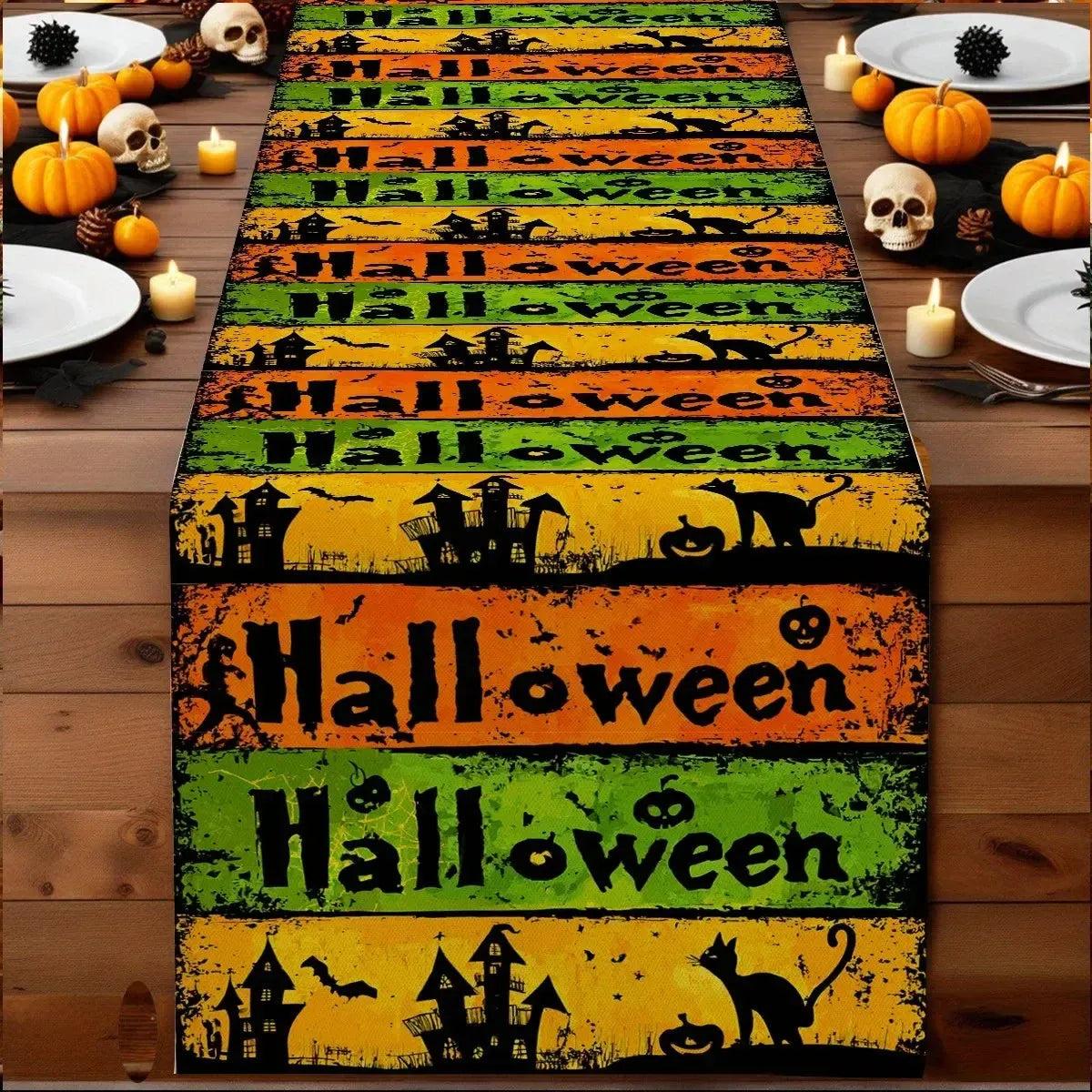Gothic Halloween Themed Table Runner with Pumpkin, Bat and Haunted House Design-MoonChildWorld