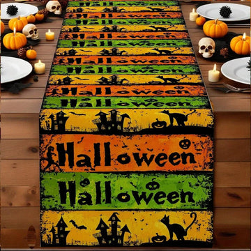 Gothic Halloween Themed Table Runner with Pumpkin, Bat and Haunted House Design-MoonChildWorld