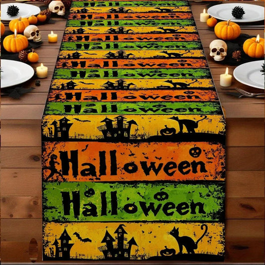 Gothic Halloween Themed Table Runner with Pumpkin, Bat and Haunted House Design