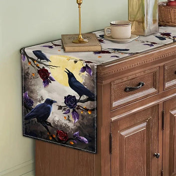 Dark Crow Gothic Table Runner for Halloween Table Decor - Witchy Raven Table Runner