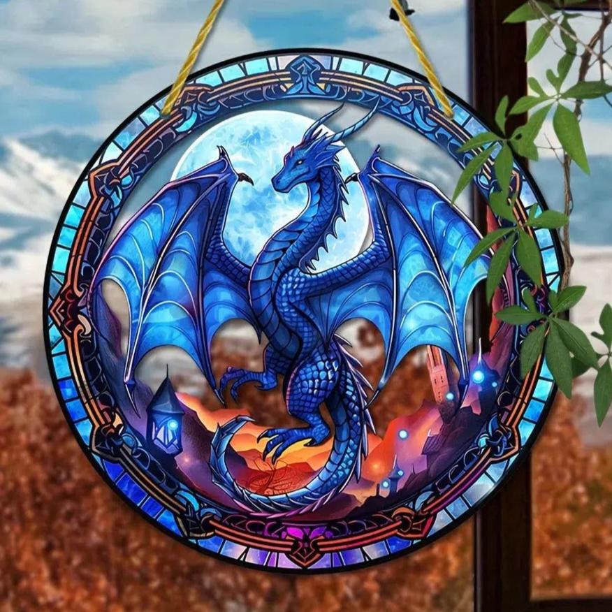 Blue Ice Dragon Suncatcher Dragon Hanging Sign-MoonChildWorld